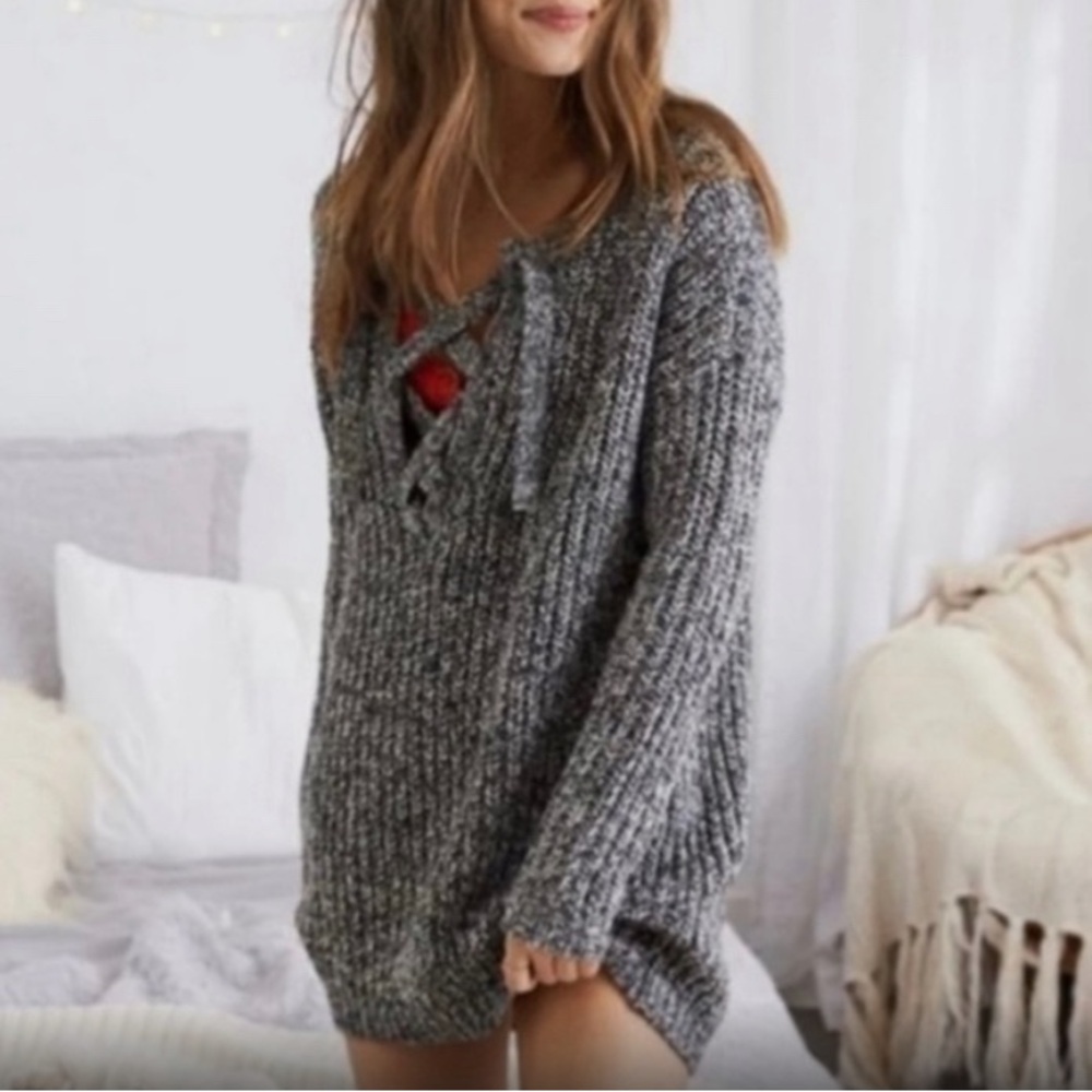 Aerie Gray Cable Knit & Criss Cross Tie Front Oversized Sweater Size XS